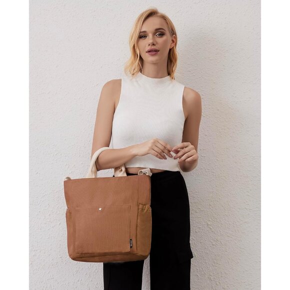 Prite Women Brown Corduroy Large Hobo Shoulder Crossbody Tote Bag With Pockets - Picture 6 of 12